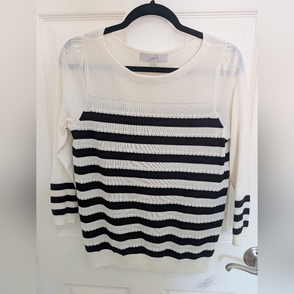 [LOFT] Puff 3/4 Sleeve Boatneck Striped Sweater - medium